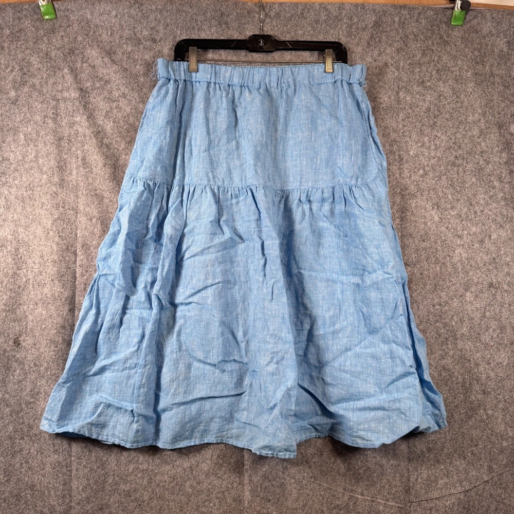 Talbots Linen Drop Waist Midi Skirt Womens Large Pockets Blue Coastal Resort